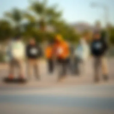 A group of skaters showcasing diverse styles with the 999 Club hoodie