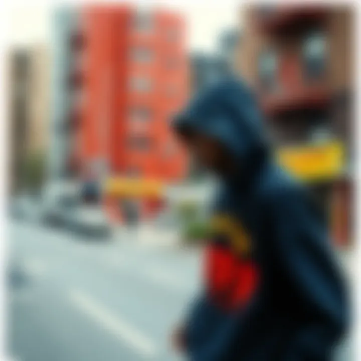 Urban backdrop featuring a skateboarder in a 999 Club hoodie