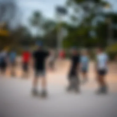 A group of skaters enjoying a vibrant skate park environment