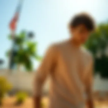 Stylish long sleeve shirt being worn outdoors during a sunny summer day.