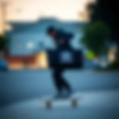 Skateboarder using the adidas black duffel bag, highlighting its integration into skate culture.