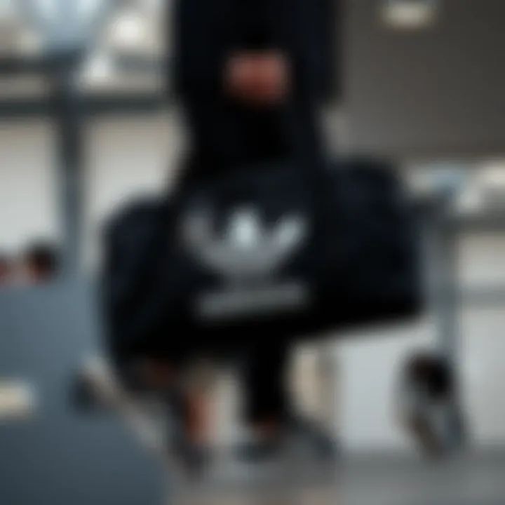 User review collage featuring feedback on the adidas black duffel bag.