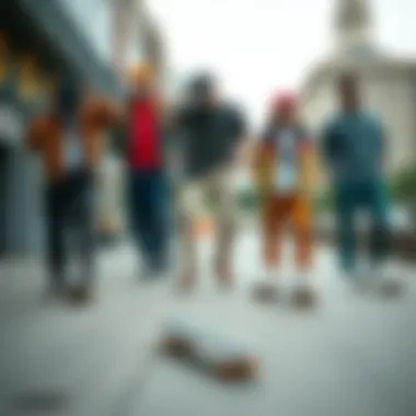 A group of skateboarders in a vibrant urban setting, all wearing stylish Adidas button up pants.