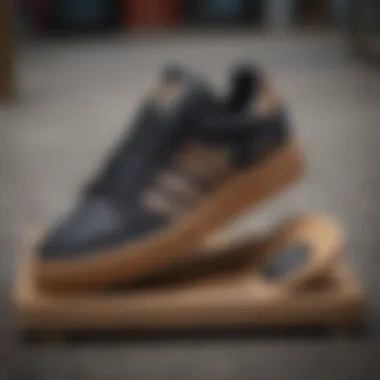 Adidas Forum Black Gum sneaker displayed on a skateboard, symbolizing its cultural significance.