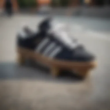 Close-up of adidas skate shoes on a skate park surface