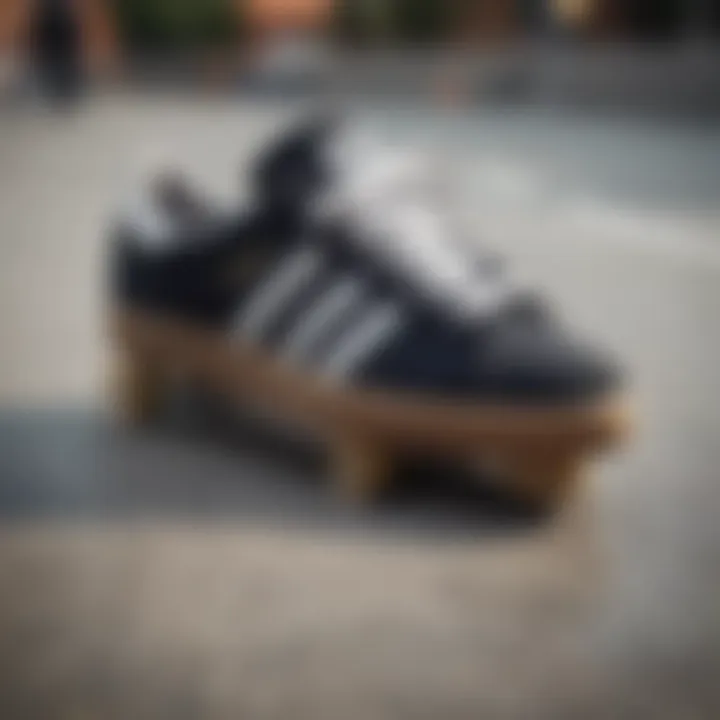 Close-up of adidas skate shoes on a skate park surface