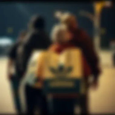 Group of skateboarders with Adidas shopping bags, symbolizing community