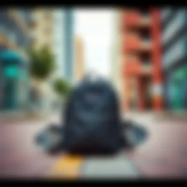 A black JanSport backpack resting against a skateboard on a vibrant urban backdrop