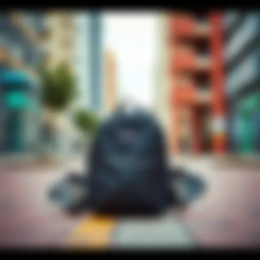 A black JanSport backpack resting against a skateboard on a vibrant urban backdrop