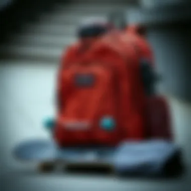 A brown JanSport backpack displayed with skateboarding gear and accessories