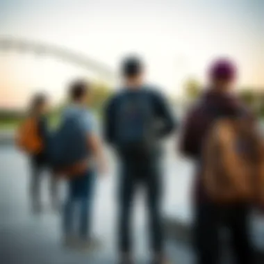 A group of skaters showcasing their black and brown JanSport backpacks in a skate park