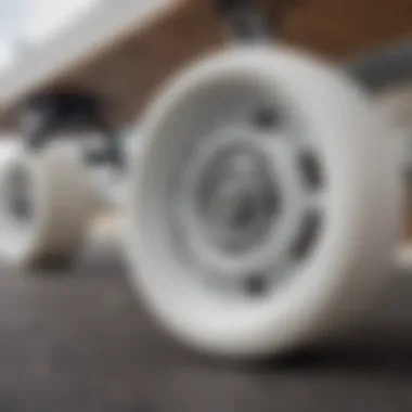 Close-up of white longboard wheels showcasing texture and design