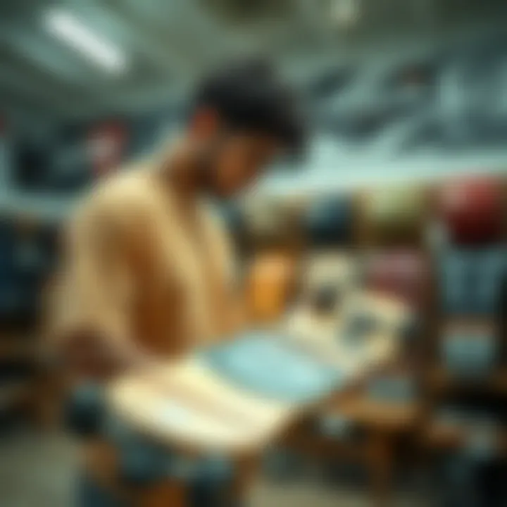 Person examining Arbor A-Frame skateboard in a shop