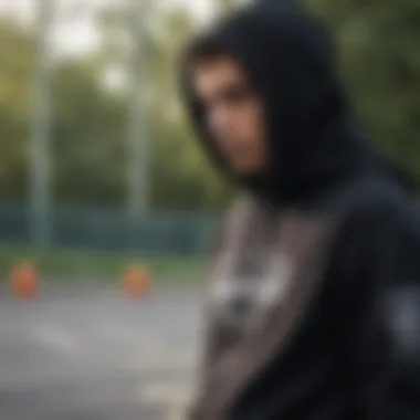 A stylish black hoodie designed for skateboarders, showcasing its unique features and design elements.