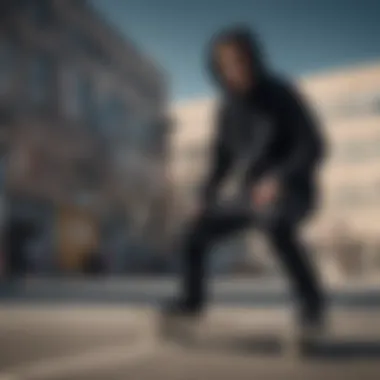 A skater wearing a black hoodie in an urban environment, exemplifying the blend of fashion and functionality.