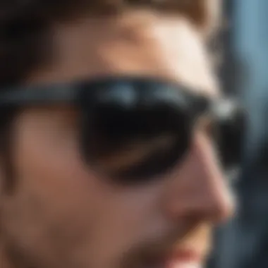 Close-up of black camo sunglasses showcasing lens technology