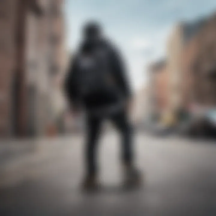 Skateboarder using the Black Champion Backpack in an urban setting