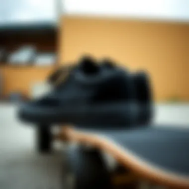 Stylish black Vans with gold eyelets on a skateboard