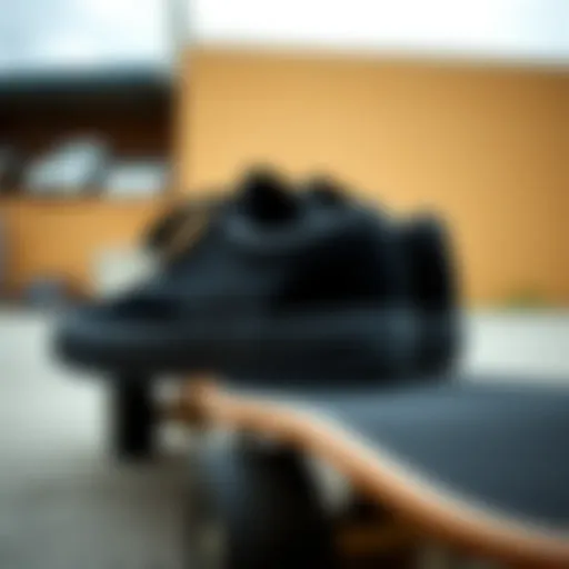 Stylish black Vans with gold eyelets on a skateboard