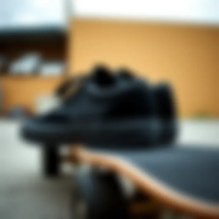 Stylish black Vans with gold eyelets on a skateboard