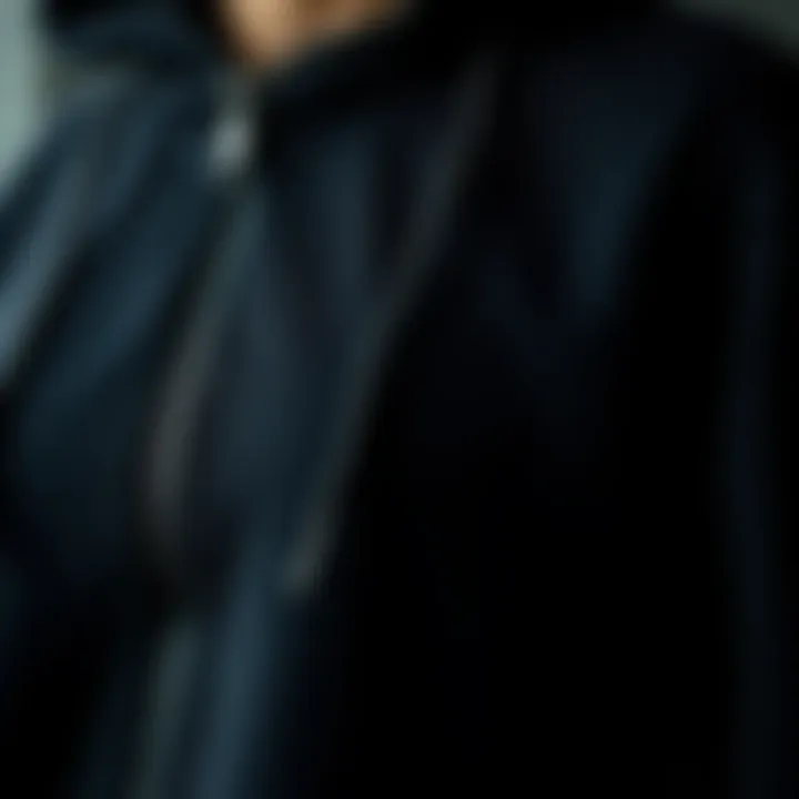 A close-up of fabric texture of a black zipped hoodie