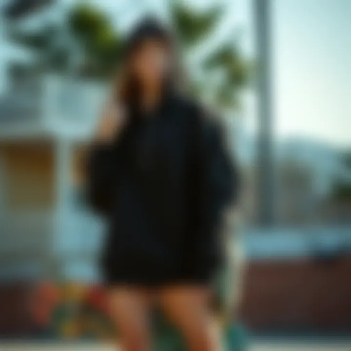 A black zipped hoodie in a skateboarding setting