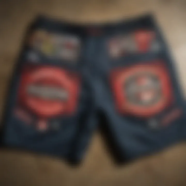 A person customizing Brixton boardshorts with patches