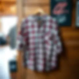 Buffalo plaid t-shirt displayed on a wooden background