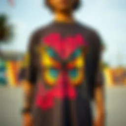 A vibrant butterfly graphic on a skateboard t-shirt