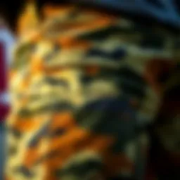 A close-up view of camo army cargo pants highlighting the fabric texture