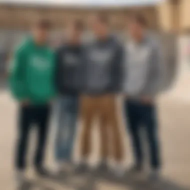 Group of skaters wearing Champion sweatshirts in a vibrant skate park