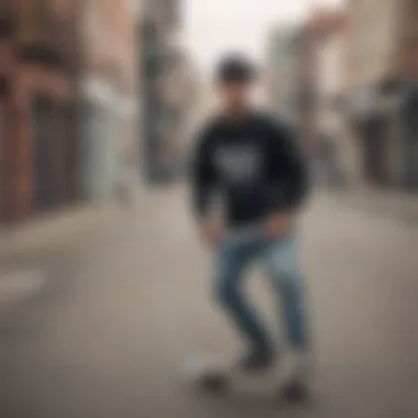 Stylish skater showcasing the Champion sweatshirt in an urban environment