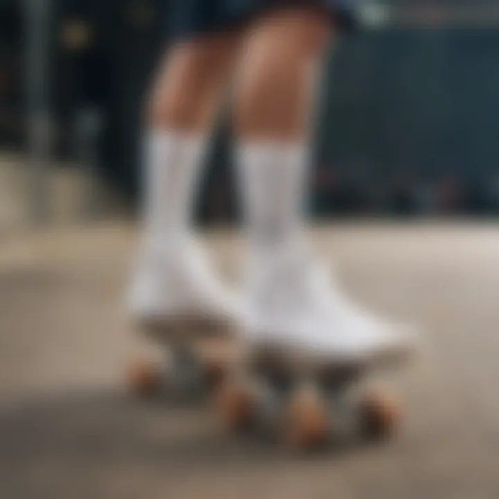 Stylish display of Champion white ankle socks with skateboarding gear