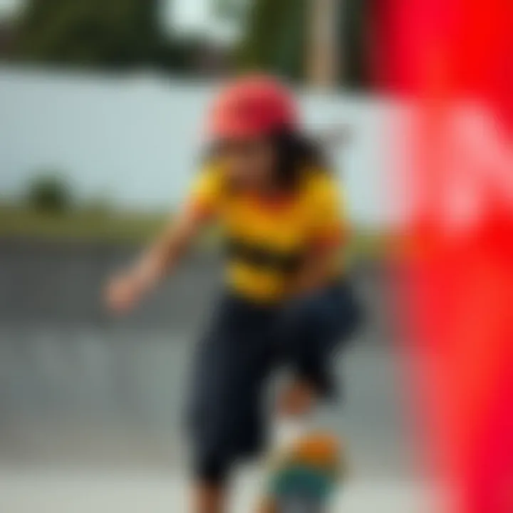 A vibrant Charlie Brown crop top worn during a skate session.