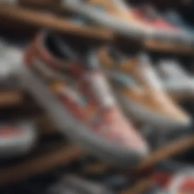 A close-up of Vans footwear displaying unique designs and patterns