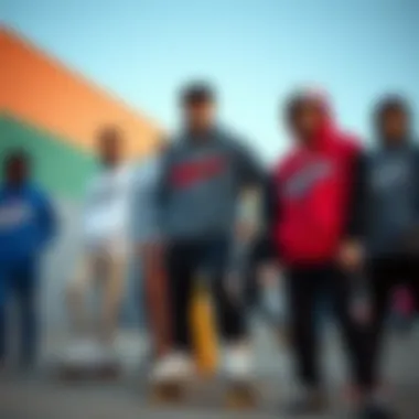 Group of skateboarders showcasing diverse styles wearing club fleece hoodies