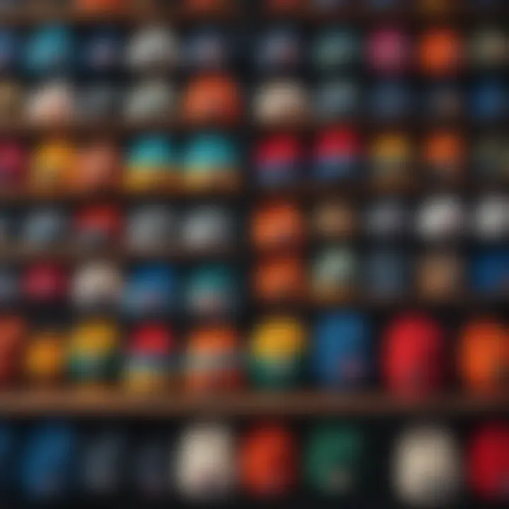 A collection of colorful designer fisherman beanies displayed on a shelf.