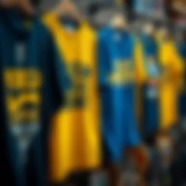 Collection of navy and yellow graphic tees on display