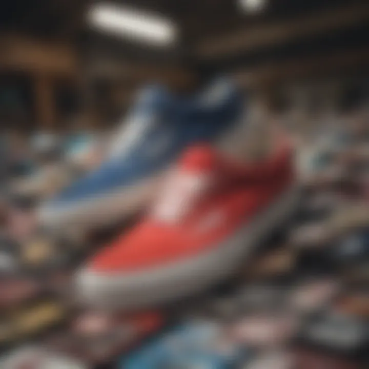 A collection of Vans shoes with price tags and discount labels