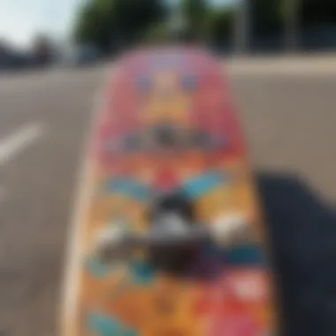 Close-up of a skateboard deck with vibrant graphics