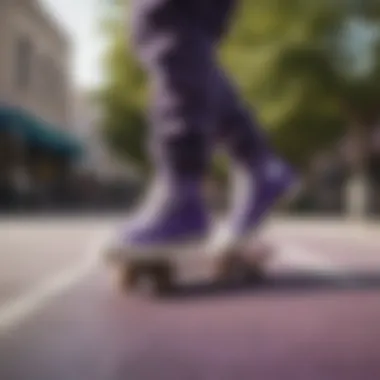 Skater performing tricks while wearing Converse Purple shoes.