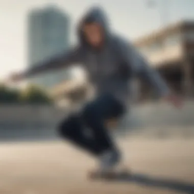 Trick Performance in a Zip-Up Hoodie A skateboarder executing a trick while wearing a zip-up hoodie