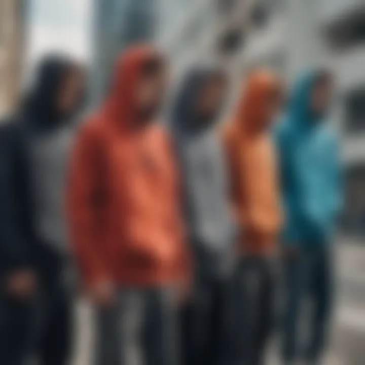 Group of skateboarders wearing zip-up hoodies in an urban setting