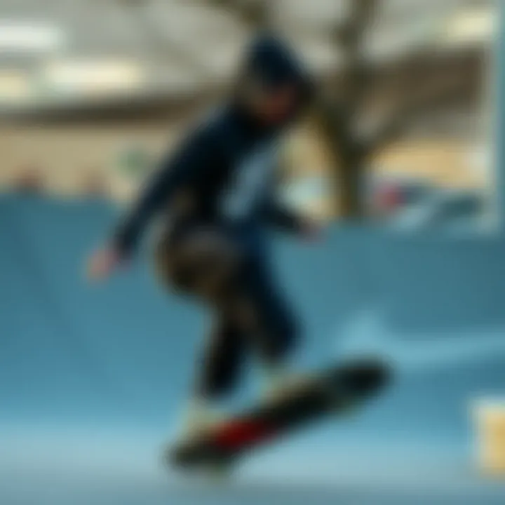 Skateboard in motion with a focus on a skateboarder wearing a Nike hoodie