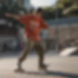 A skateboarder showcasing a classic baggy tee shirt while performing a trick.