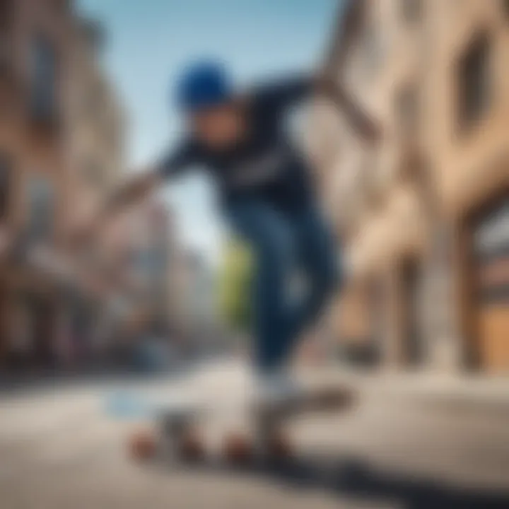 Skateboarder performing a trick in blue bandana Air Forces in a vibrant urban setting