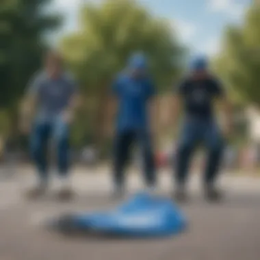 Fashionable group of skateboarders showcasing their blue bandana Air Forces