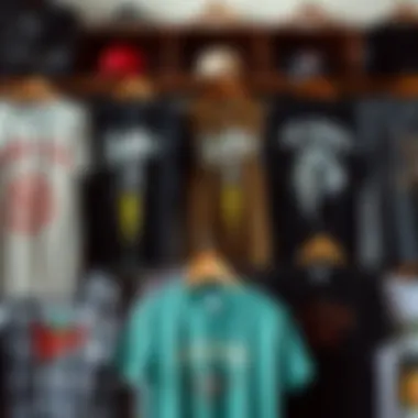 Display of various homage tee shirts representing different skate brands and styles