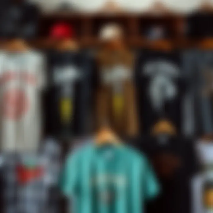 Display of various homage tee shirts representing different skate brands and styles