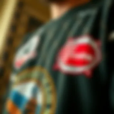 Close-up of a homage tee shirt with intricate graphic designs and brand logos